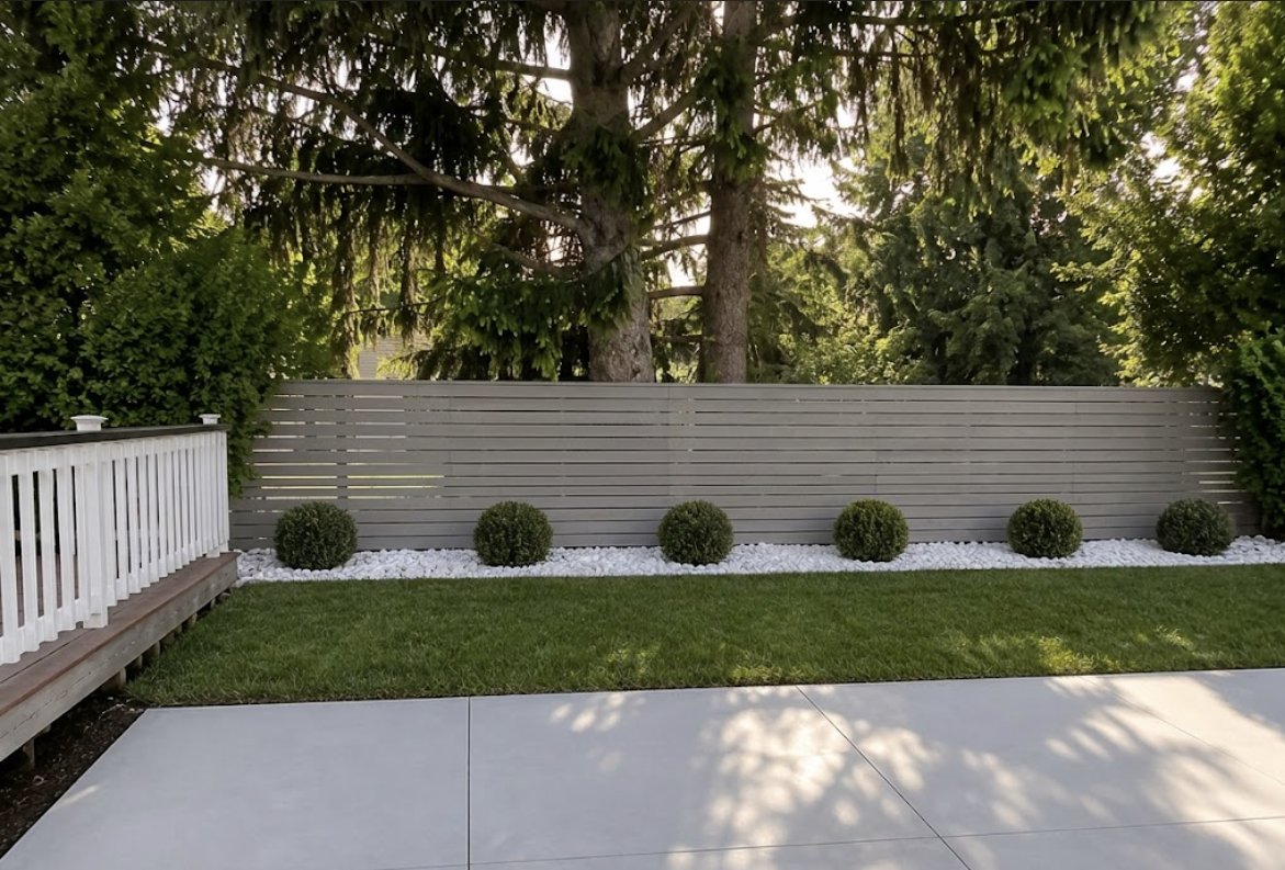 Modern backyard landscaping with trimmed boxwoods and stone bed