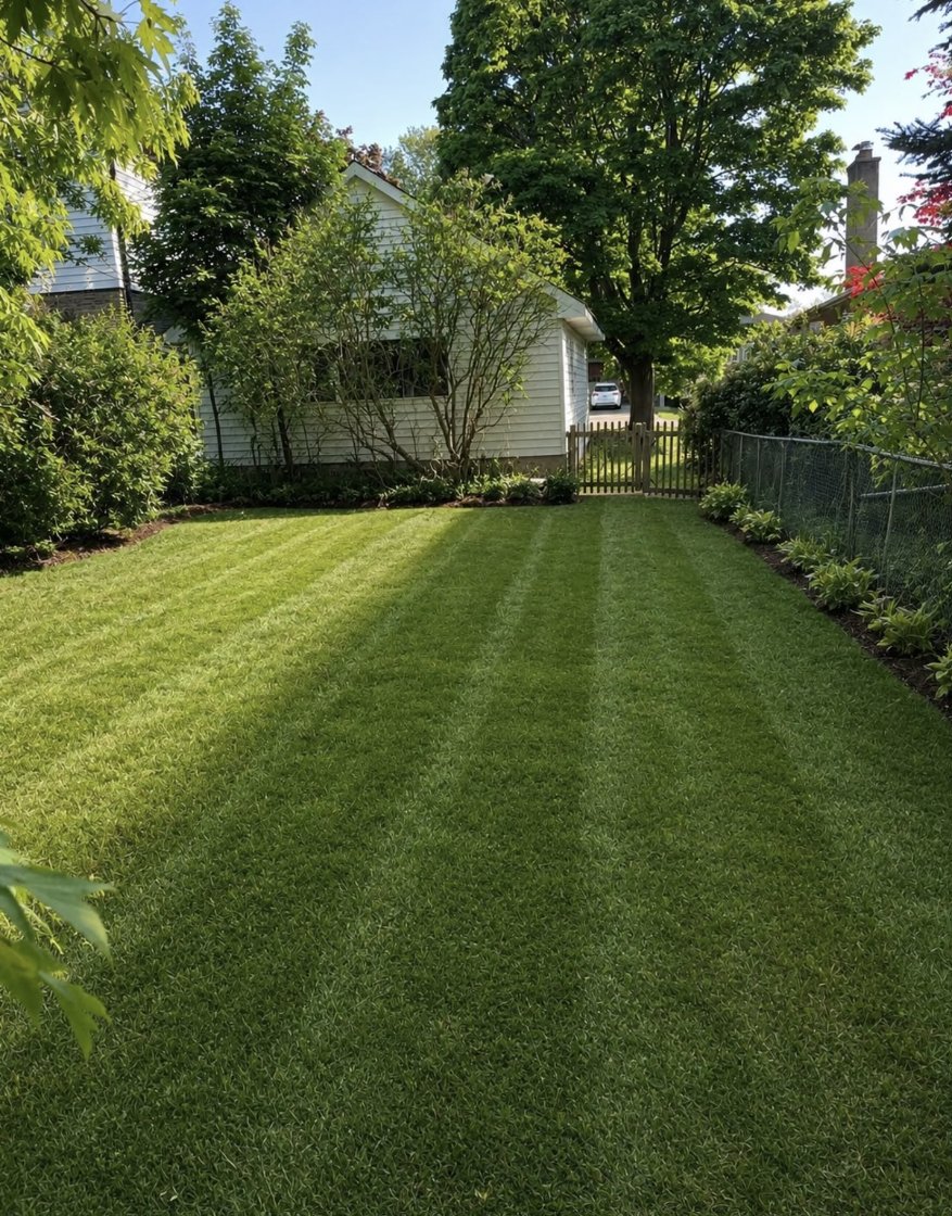 Freshly mowed backyard lawn with crisp stripes
